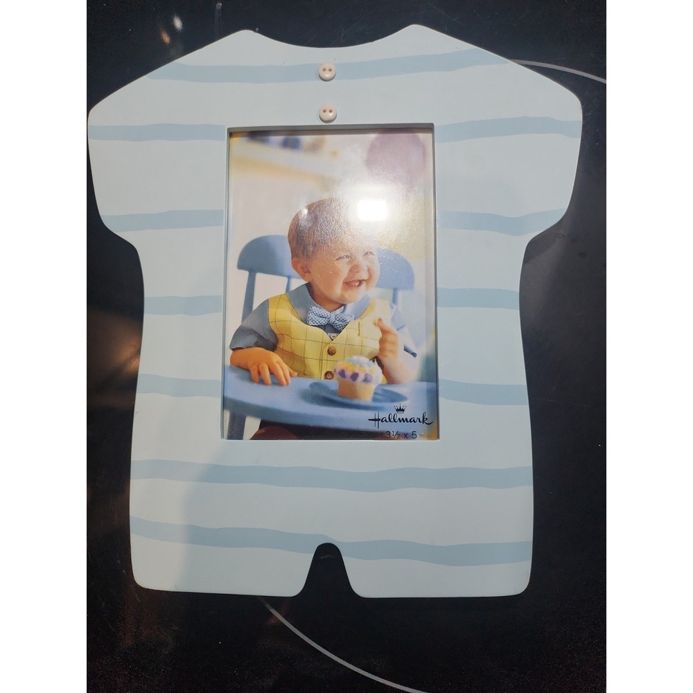 Hallmark~Baby Boy Outfit~Wooden Frame~Holds 3 1/2" X 5" Photo~(2) Matching~Blue